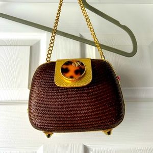 Lilly Pulitzer Brown Wicker clutch purse with fashionable bee detail